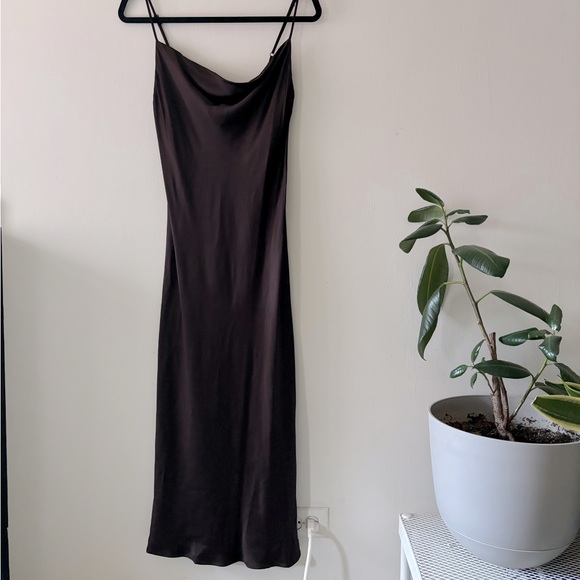 NWT ZARA SLIP DRESS satin brown chocolate 🍫 cowl neck MIDI XS 0 2 4 silky Y2K - Picture 3 of 8